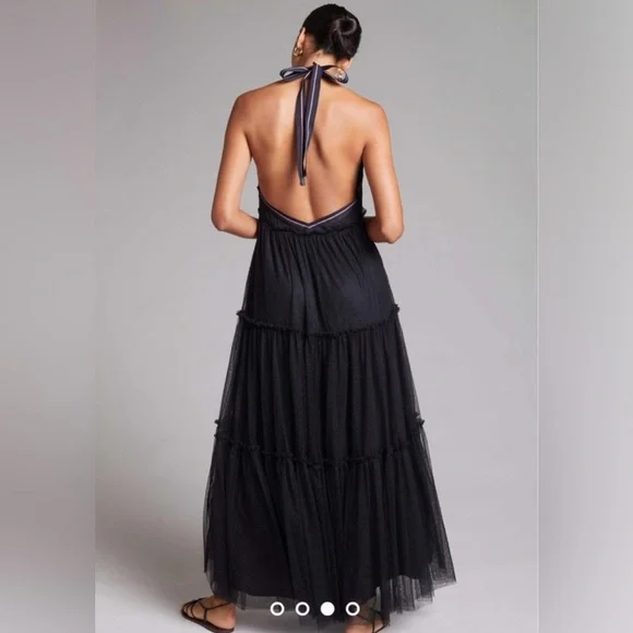 Maeve Anthropologie black tulle dress with white red and navy halter size 8 - Picture 2 of 14